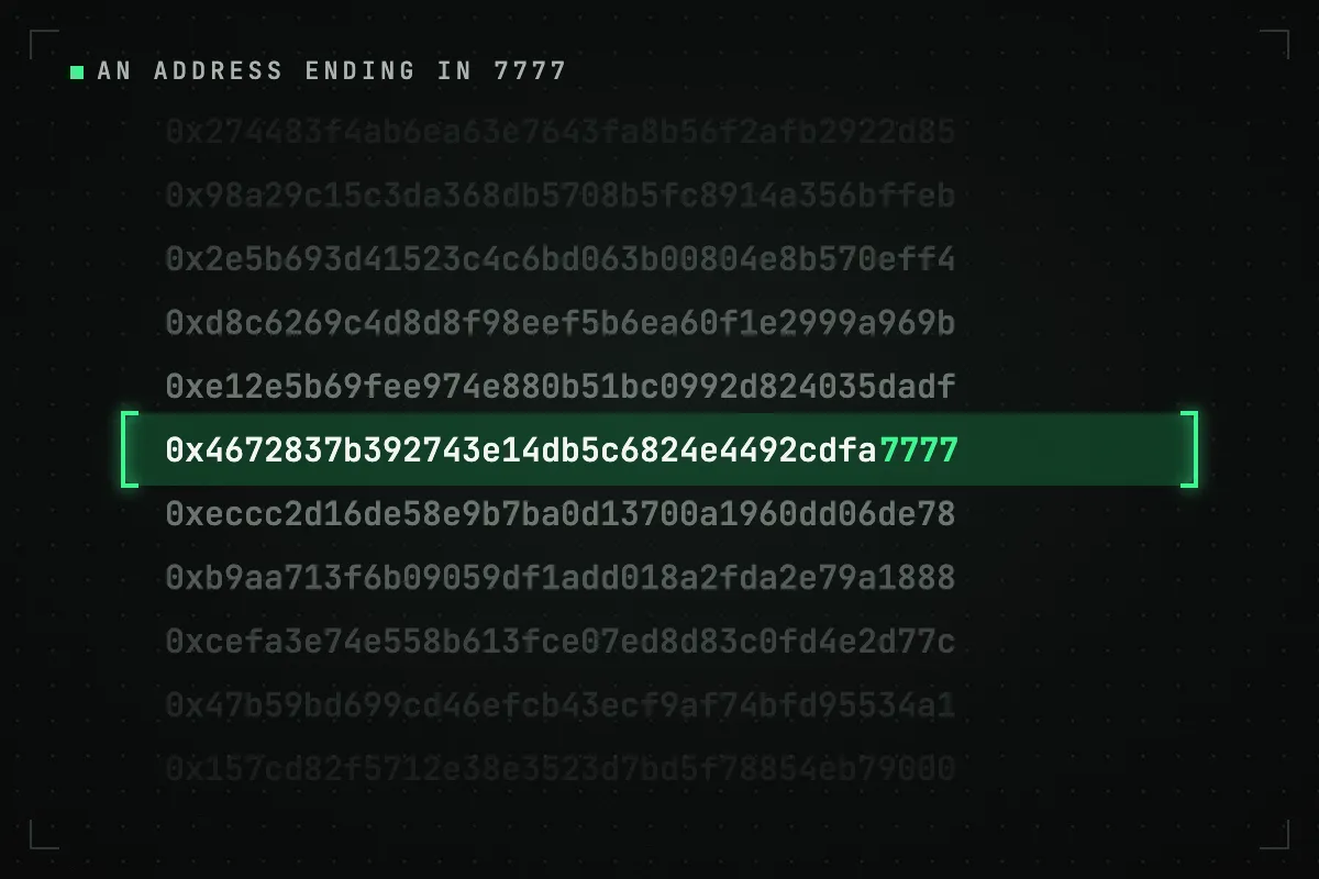 Rows of candidate token addresses scroll past in grey; one row, locked in a green bracket, ends in 7777.